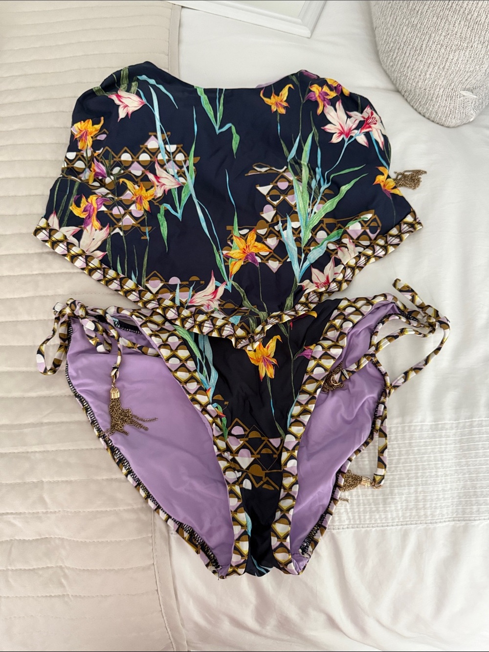 Floral Print Two-Piece Bikini in Black and Lilac